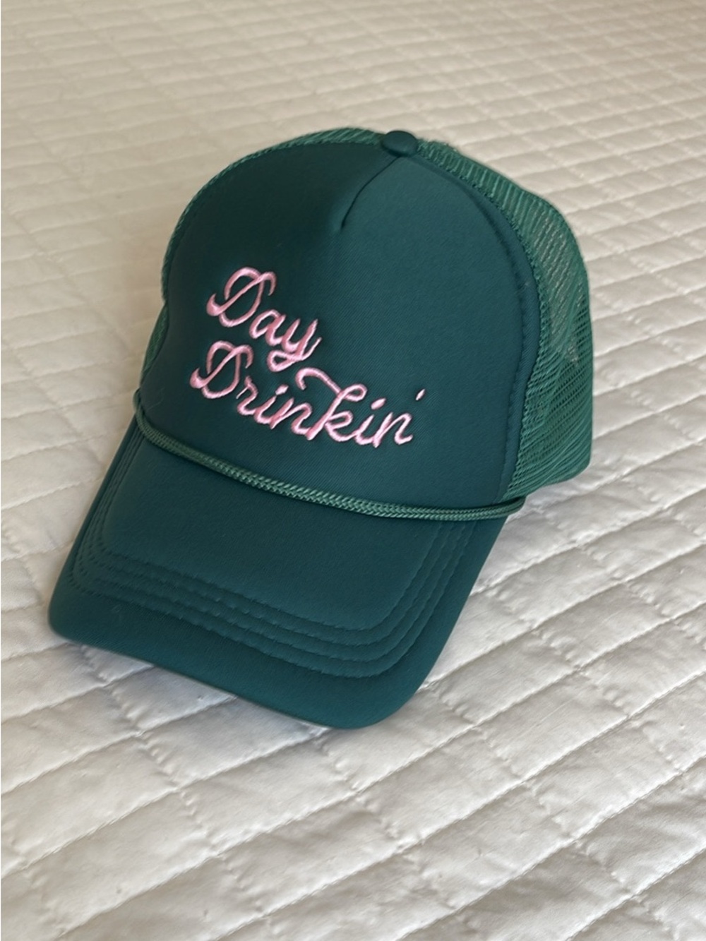 Green Trucker Hat with Pink "Day Drinkin'" Embroidery